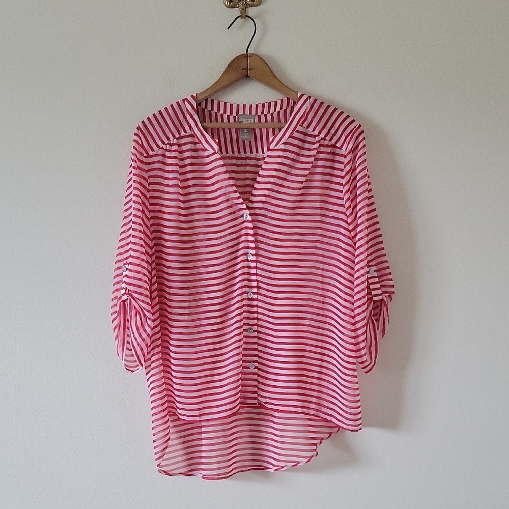 Chico's Red White Stripe Sheer Button Down Drop Tail‎ Shirt Size Large